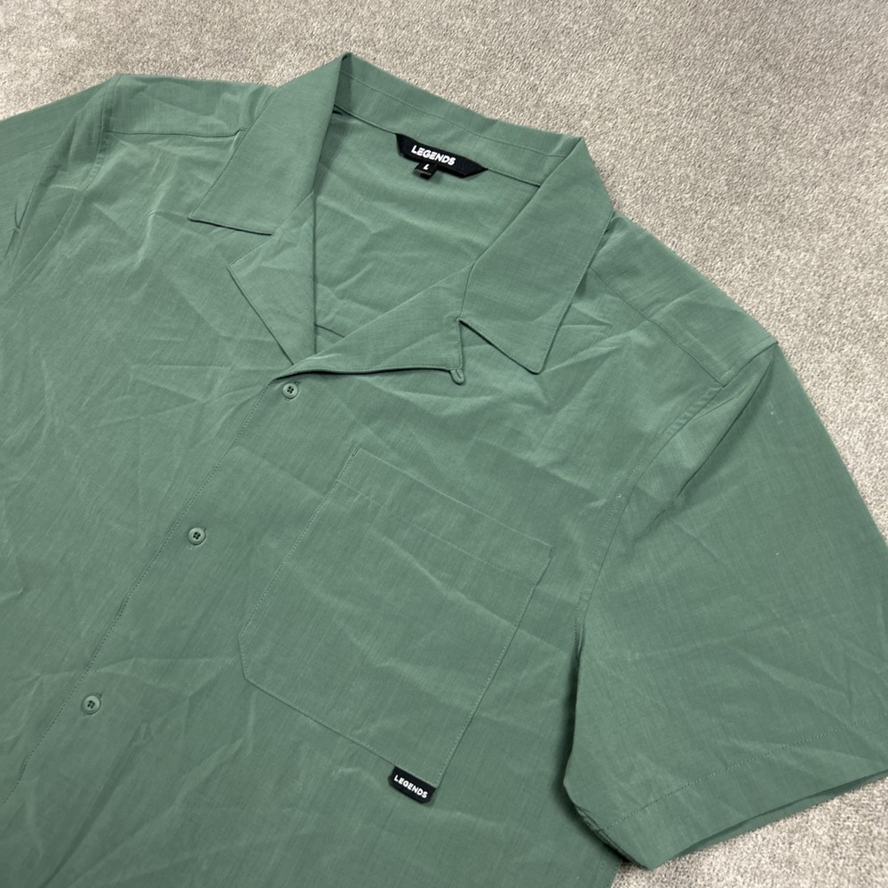 Legends Shirt Mens Large Green Chief Camp Collar Short Sleeve Button Up Stretch